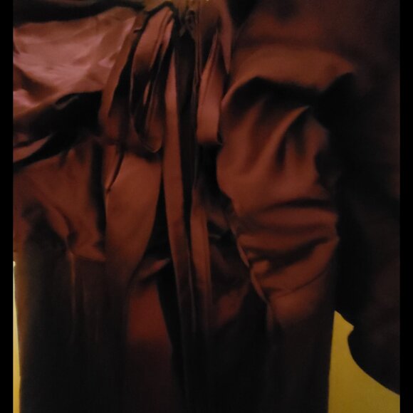 This is a burgundy cowl neck off-the-shoulder formal gown - Picture 3 of 3